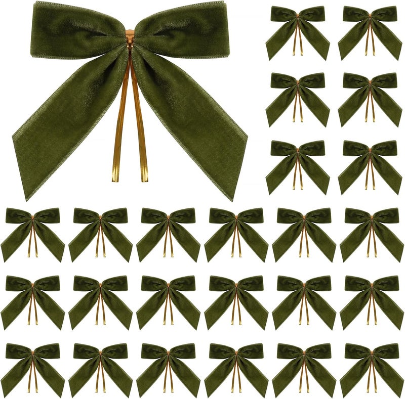Utehilly 24 Pcs Olive Green Small Velvet Christmas Bows for Christmas Tree, Wreath, Gift Wrapping, Crafts, Wedding, Party, Twist Tie Bows for Treat Bag Bakery Candy Bags, Home Decor 1"W,3.5 x 3.5 inch - Image 1